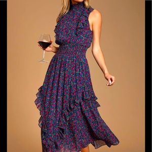 Lulu’s Evalina Navy Blue Floral Print Mock Neck Midi Dress